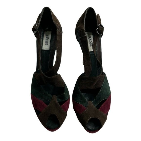 ❣️ Moschino Women's Brown Green Red Peep Toe Strappy Stiletto Heels Sz U… - Picture 4 of 7